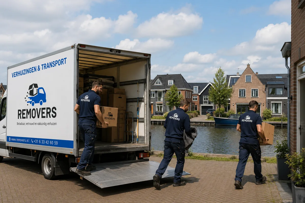 Drie Removers verhuizers lossen dozen uit de verhuiswagen bij een woning aan het water in Joure