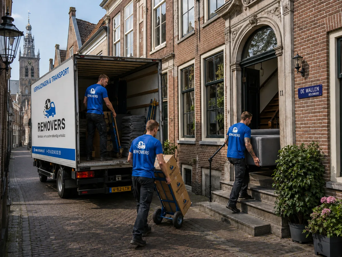 Removers verhuizers aan het werk bij een verhuizing in Bolsward