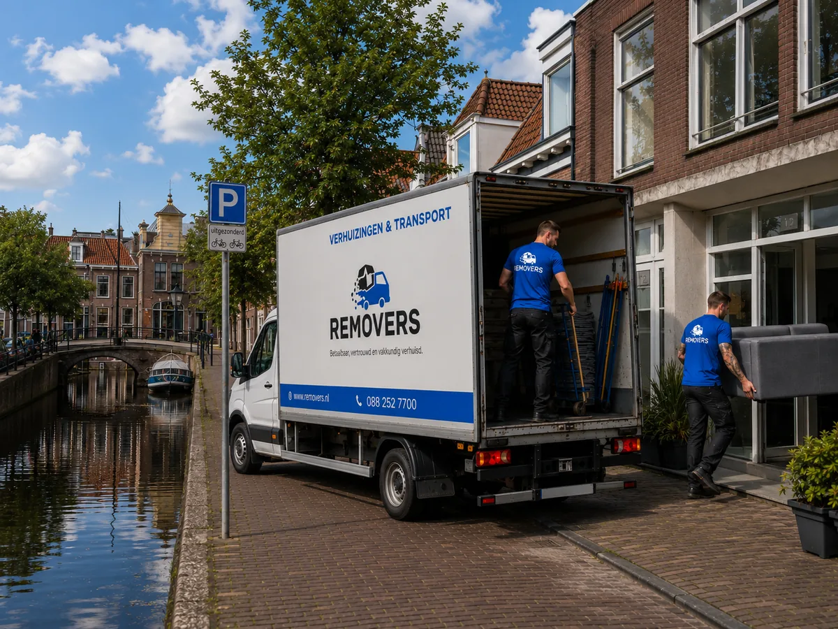 Removers verhuizers laden een verhuiswagen uit bij een woning aan het water in Gorredijk