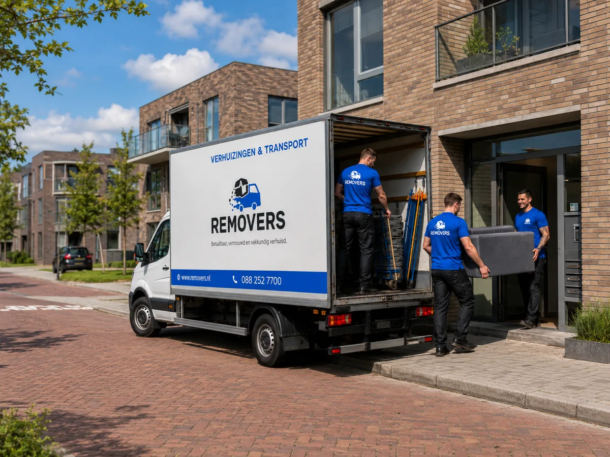 Removers verhuizers dragen een bank naar binnen bij een nieuwbouwappartement in Skoatterwâld, Heerenveen