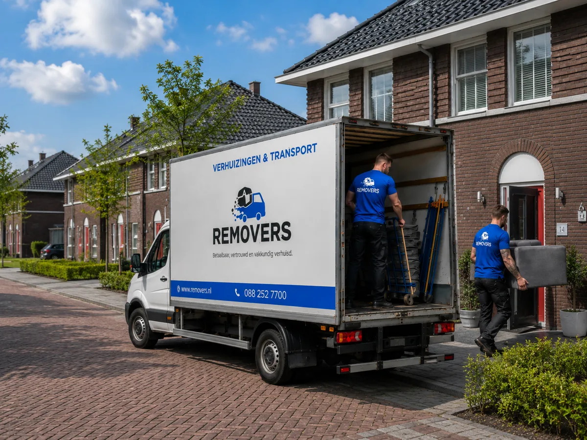 Removers verhuizers dragen een bank naar binnen bij een woning in de Lindewijk, Wolvega