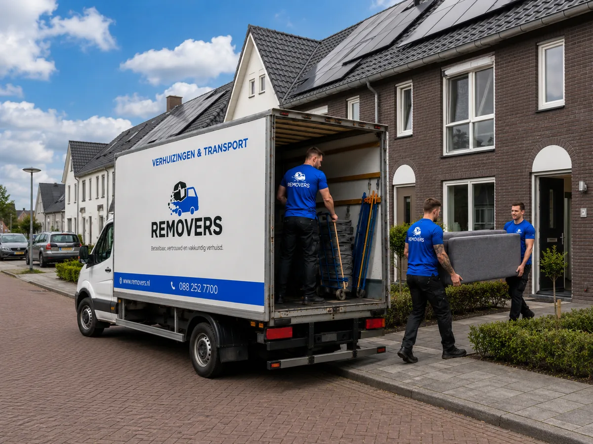 Twee Removers verhuizers dragen een bank naar binnen bij een rijwoning in Burgum, een derde laadt de verhuiswagen uit
