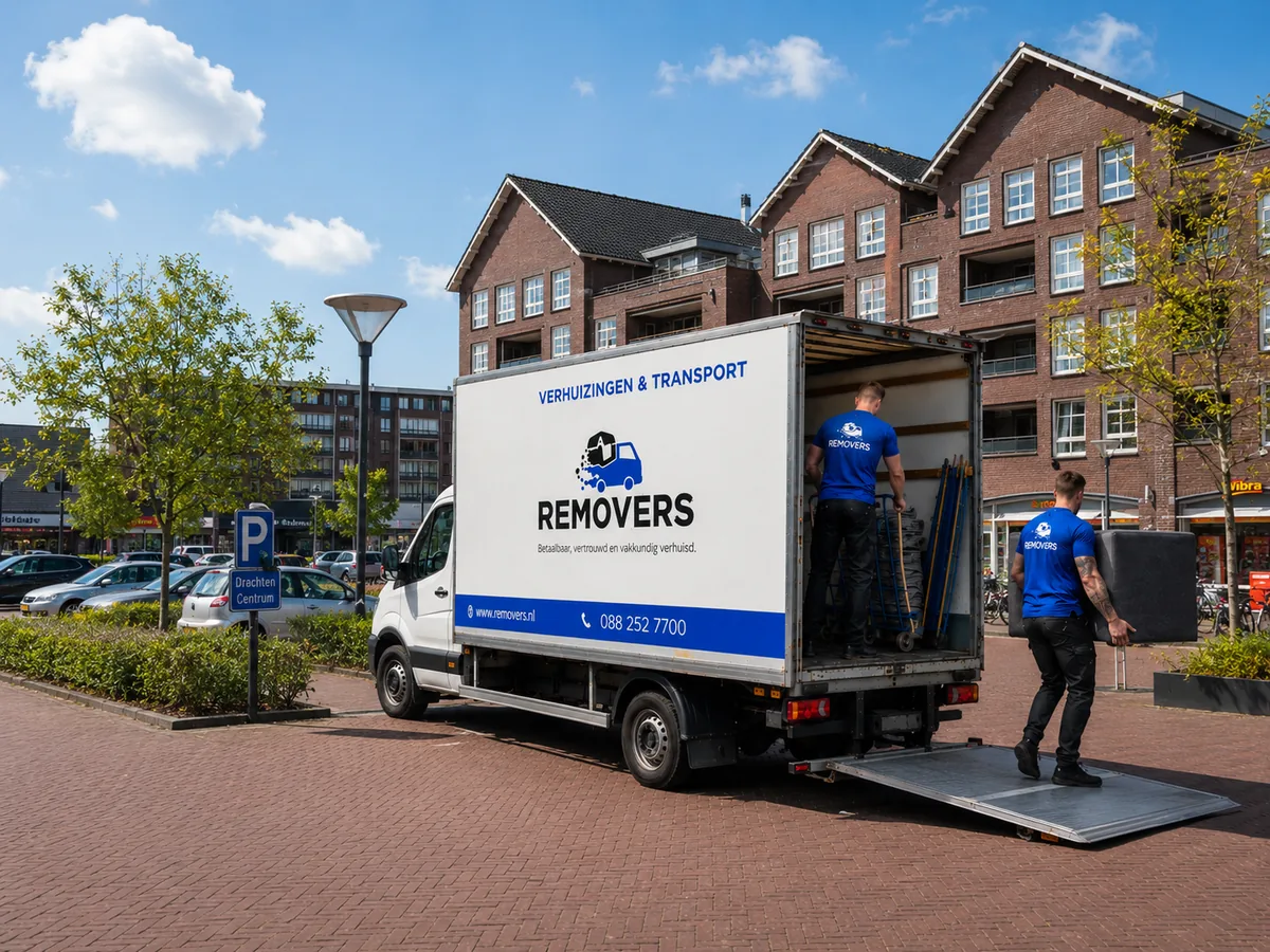 Twee Removers verhuizers laden een verhuiswagen via de laadklep bij een appartementencomplex in het centrum van Drachten