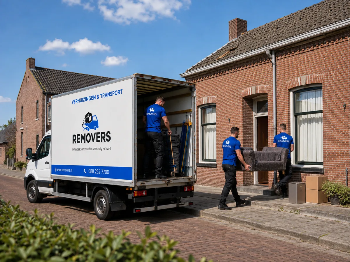 Drie Removers verhuizers dragen een bank vanuit de open verhuiswagen naar de voordeur van een rijtjeswoning in Harlingen