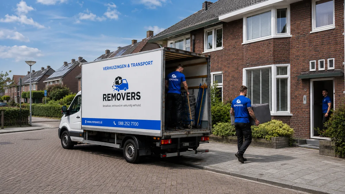 Drie Removers verhuizers lossen een verhuiswagen bij een woning in Leeuwarden