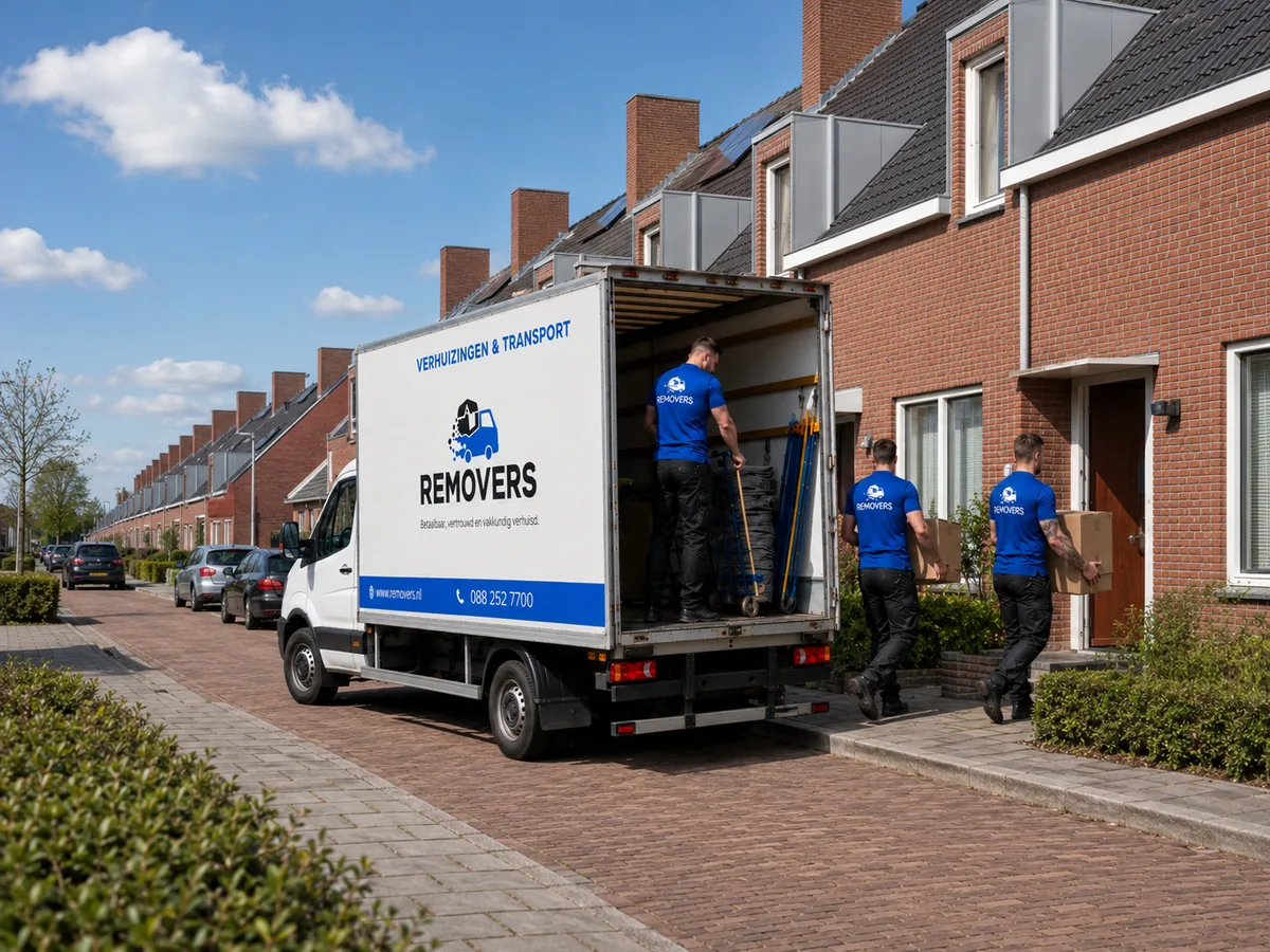 Drie verhuizers van Removers laden dozen uit de verhuiswagen en dragen ze een woning binnen in een straat in Lemmer