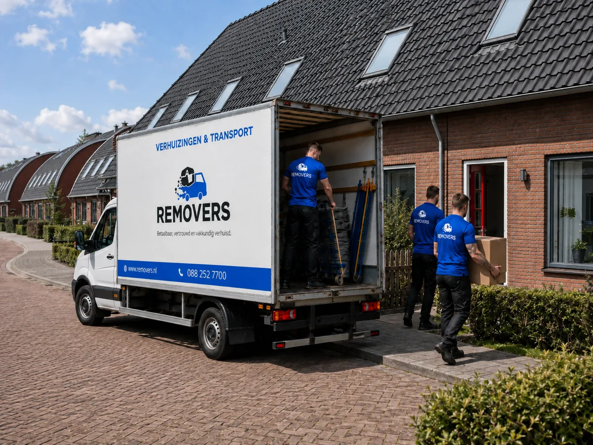 Drie Removers verhuizers laden de verhuiswagen uit bij een rijwoning in Stiens, een van hen draagt een verhuisdoos naar binnen